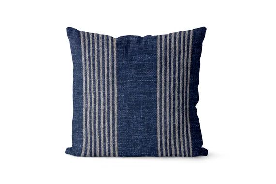 Dark Blue and Beige Striped Pillow Cover // Dark Blue Throw Pillow Cover // Accent Pillow Cover /... | Etsy (US)