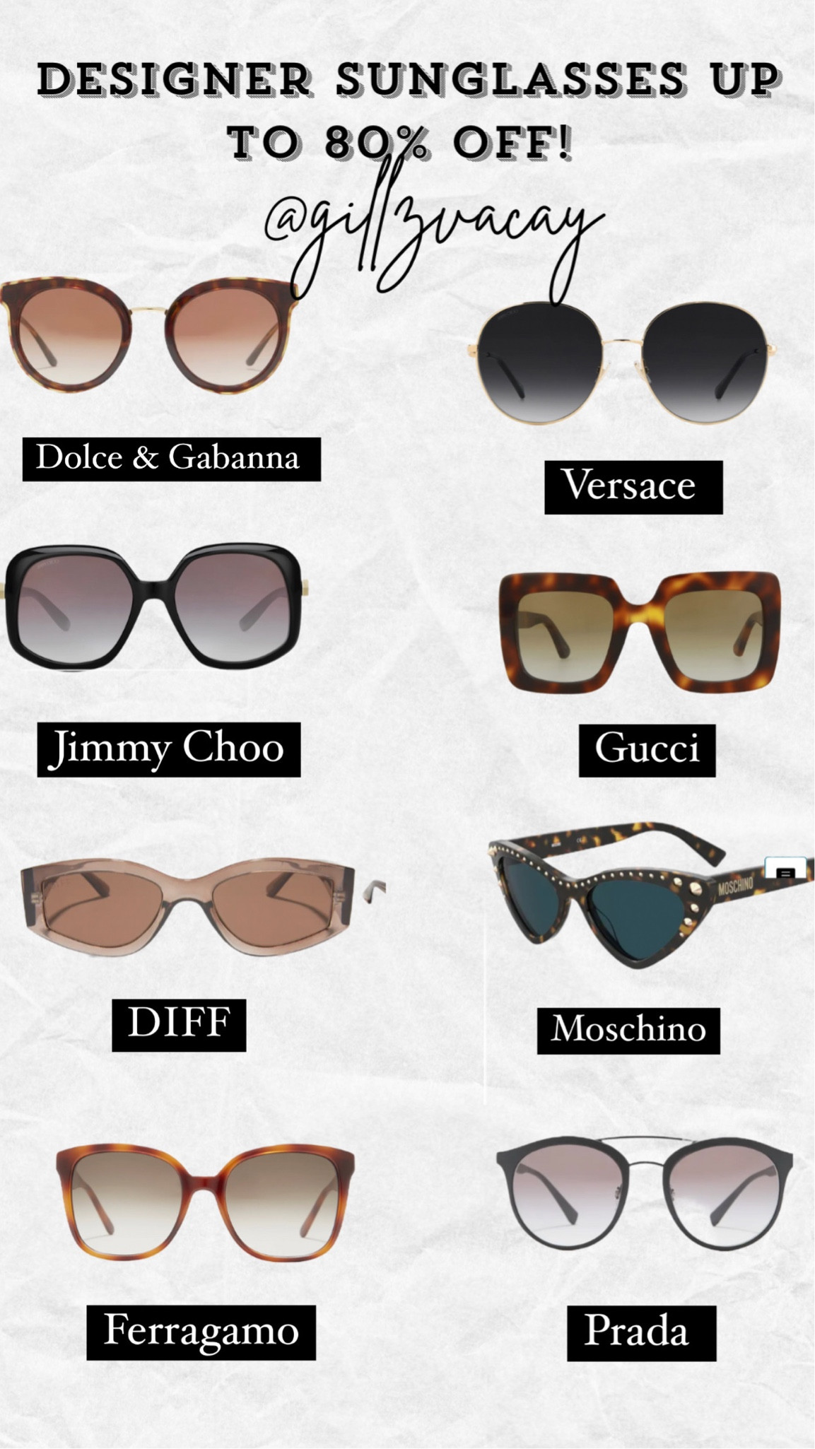 Designer sunglasses on sale. Up to 80% off. Dolce & Gabanna. Gucci. Versace.
Jimmy Choo. Round sunglasses. Cat eye glasses. Square sunglasses. Oversized sunglasses. Prada. Ferragamo. Luxury sunglasses. Accessories on sale. Bridal accessories. Bridal party. Bachelorette. Birthday gifts. Wedding sunglasses. 

#LTKsalealert #LTKfindsunder100 #LTKtravel