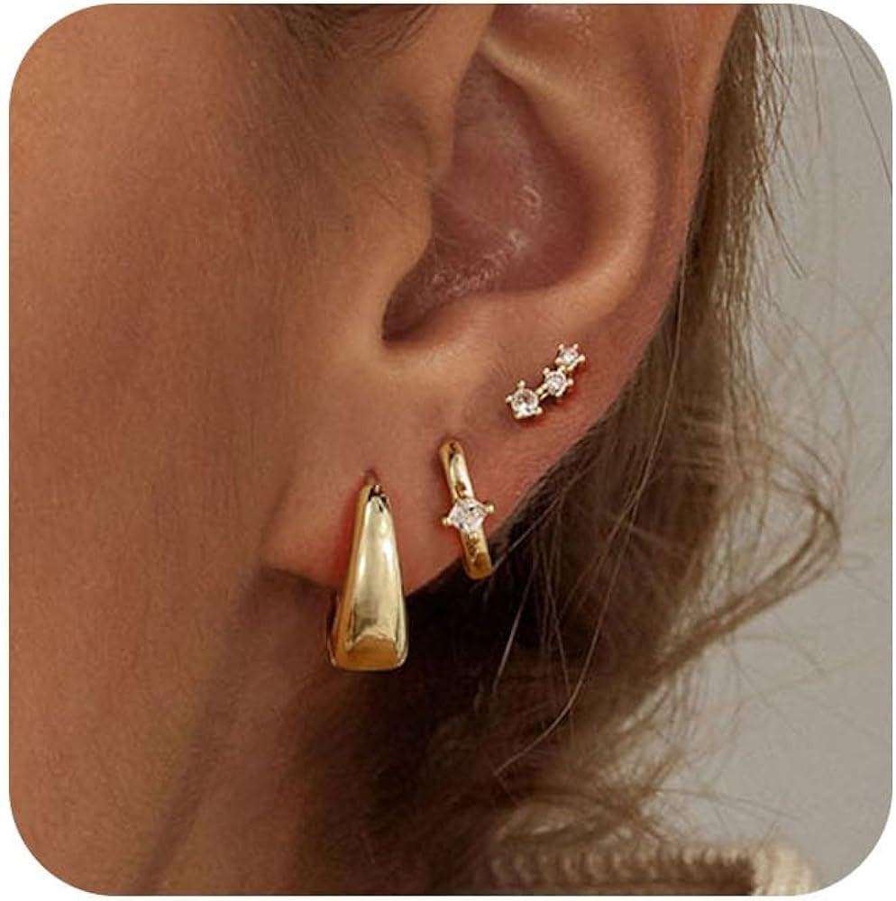 Amazon.com: Huggie Hoop Earrings Set - Dainty Gold Hoop Earrings for Women - 14k Gold Plated, Hyp... | Amazon (US)