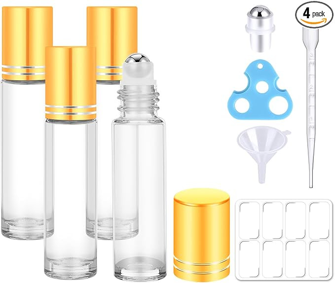4 Pack, 10ml Roller Bottles for Essential Oils, Clear Glass Essential Oil Roller Bottles, Perfume... | Amazon (US)