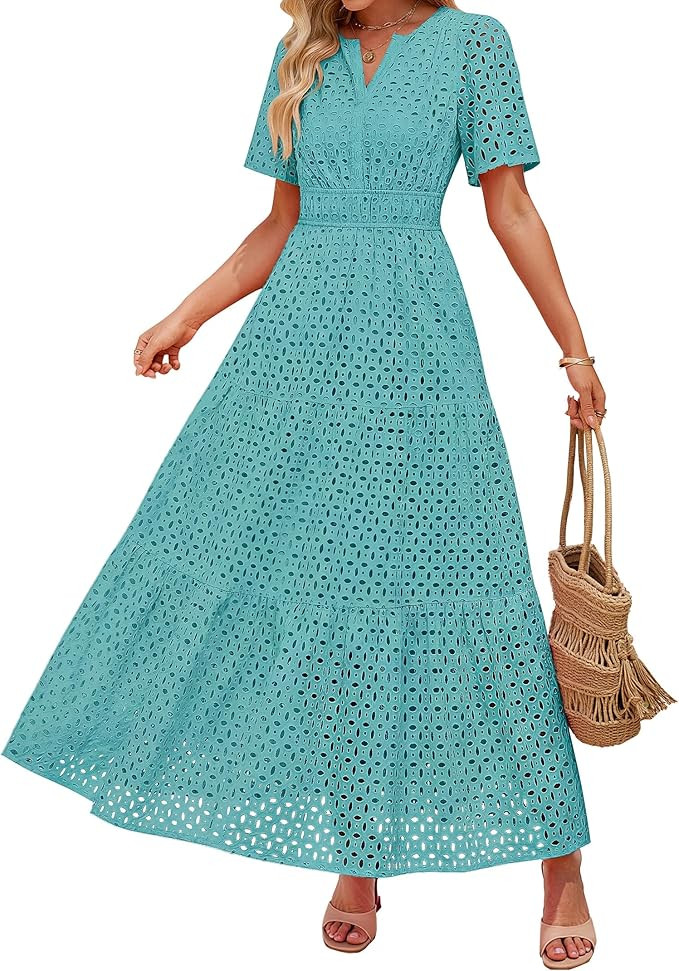 ZESICA Summer Dresses for Women 2026 Casual V Neck Short Sleeve Eyelet A Line Beach Vacation Long... | Amazon (US)