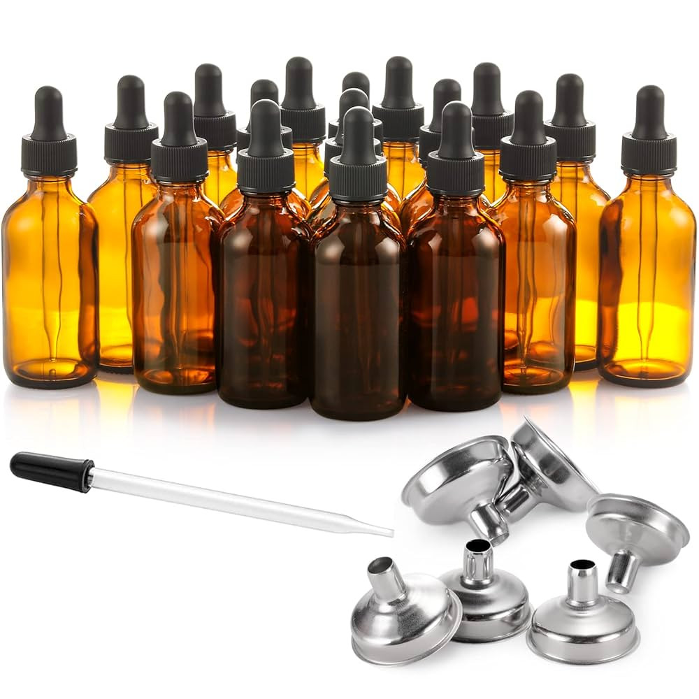 24 Pcs, 2 oz Dark Amber Dropper Bottles with 6 Small Funnels & 1 Long Glass Labels - 60ml Tinctur... | Amazon (US)