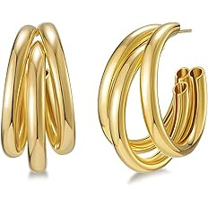 SWEETV Chunky Hoop Earrings for Women, 925 Sterling Silver Post Triple Open Hoops, Diameter 15/20... | Amazon (US)