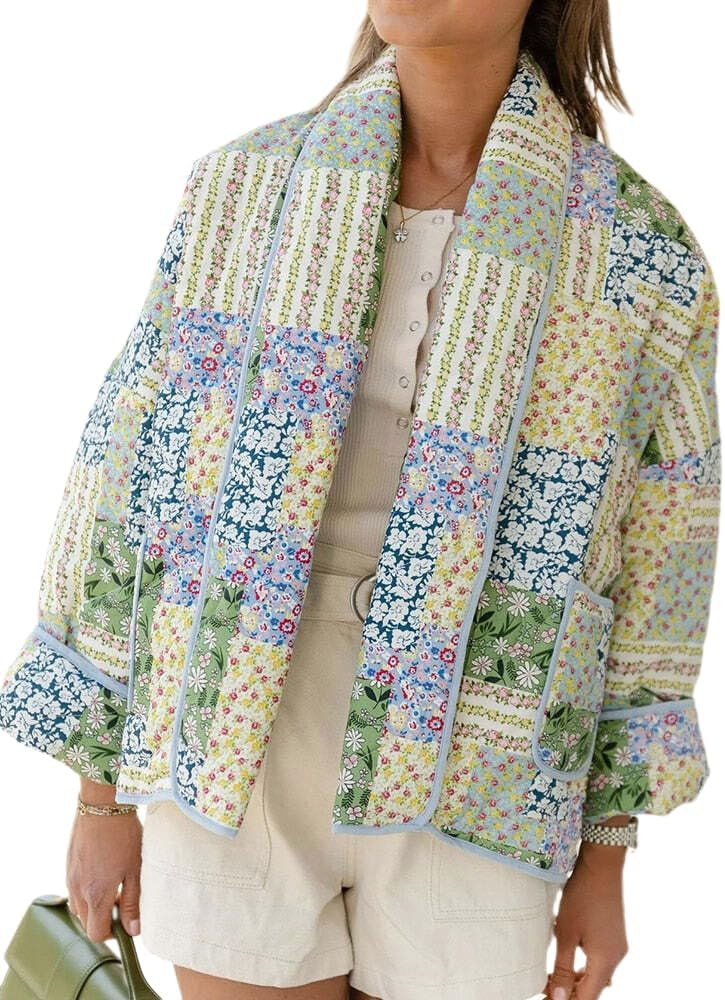 YKR Women's Cropped Puffer Jacket Floral Print Quilted Puffer Jackets Open Front Lightweight Shor... | Amazon (US)