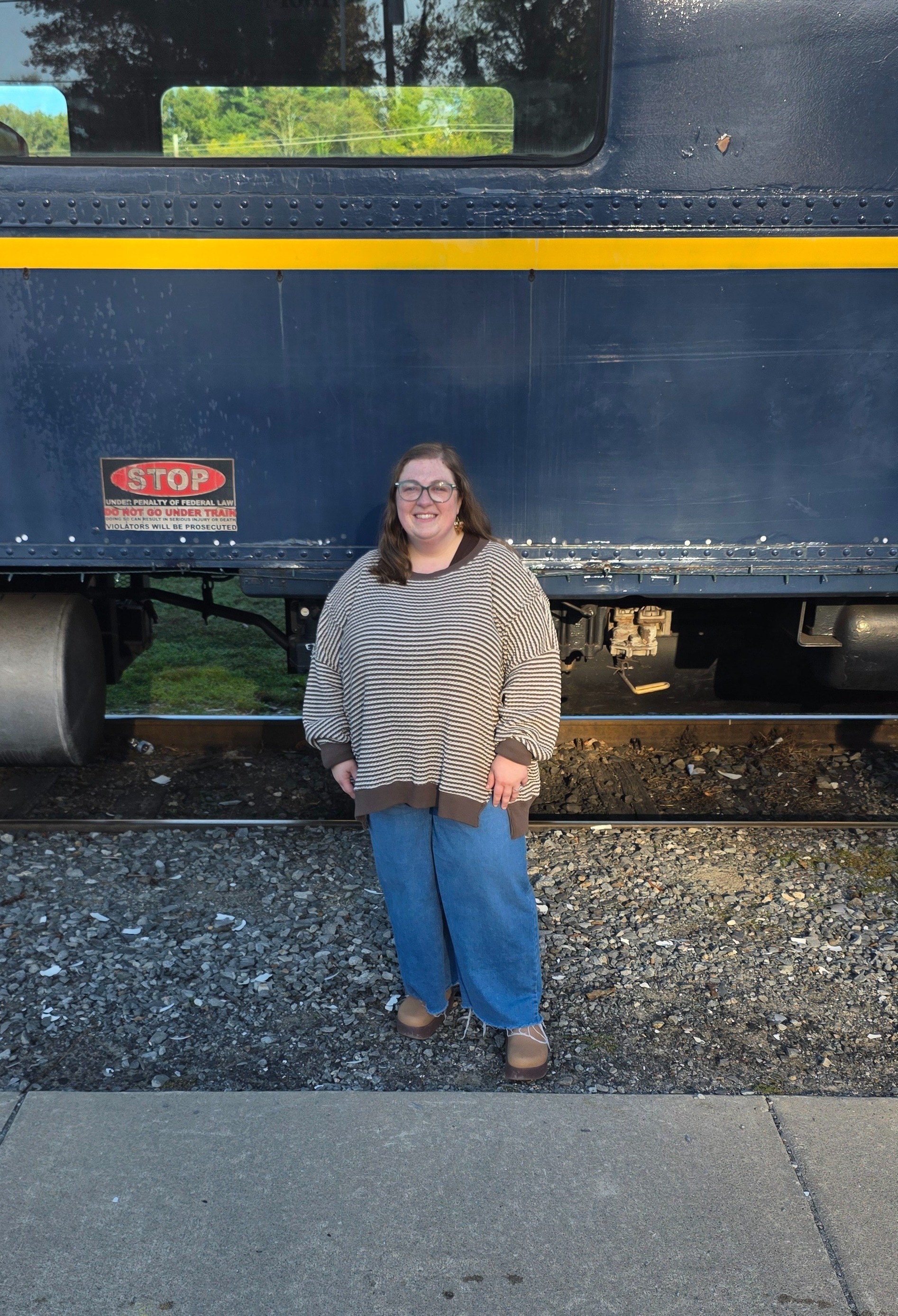 Comfy fall outfit for our train ride on the Blue Ridge Scenic Railway.  Linked at similar Waffle Sweatshirt from American Eagle, plus my shoes, tee, and wide leg jeans are all linked. 

#LTKSeasonal #LTKMidsize #LTKPetite