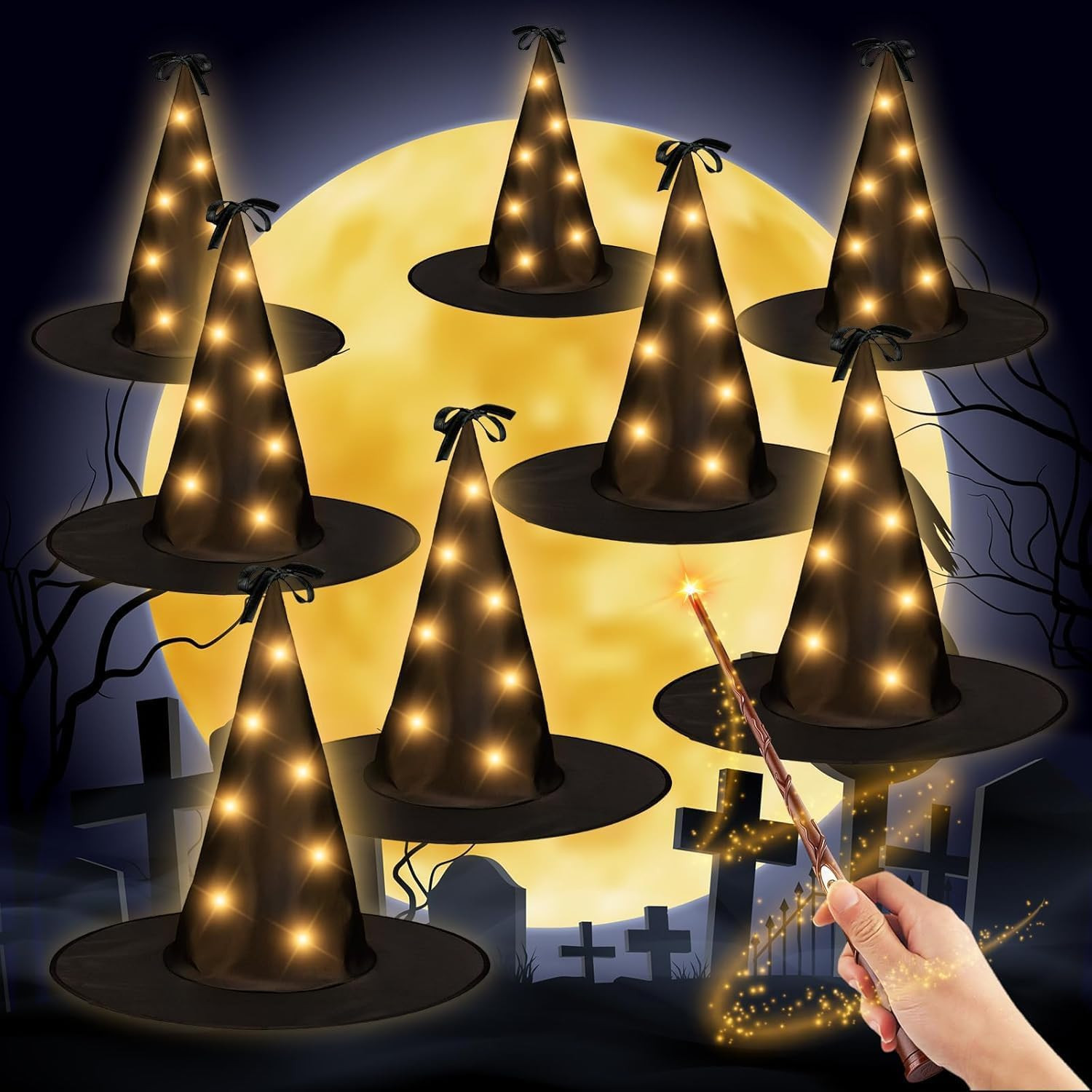 8Pcs Hanging Witch Hats String Light, Floating Witch Hat with 8 Light Modes with Wand Control, Floating Light Up Black Witch Hats for Indoor, Xmas, Halloween and Birthday | Amazon (US)