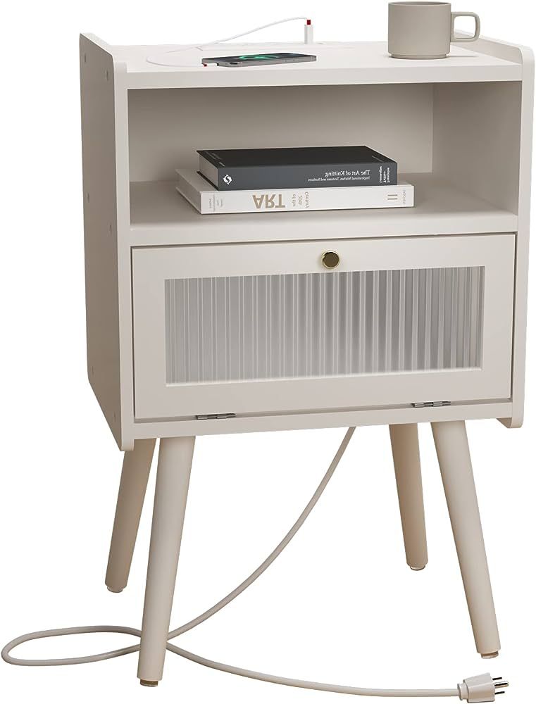 SOOWERY Mid Century Modern Nightstand with Charging Station, Bedside Tables with Glass Decorative... | Amazon (US)