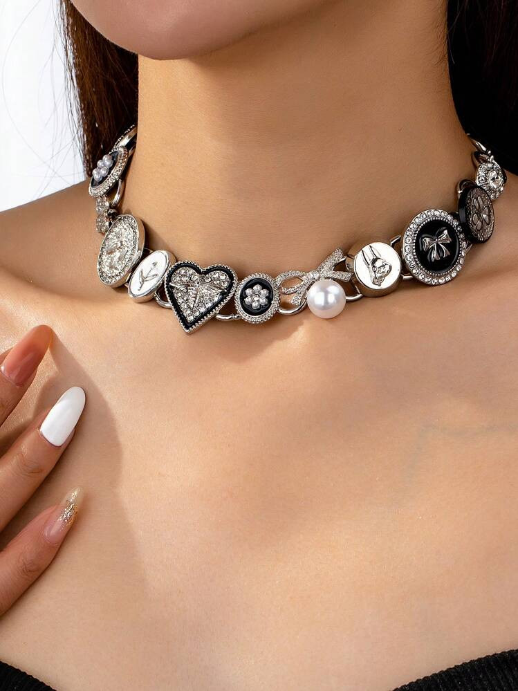 1pc Vintage Punk Gothic Style Zinc Alloy Button, Heart, Bowknot, Faux Pearl And Rhinestone Decor ... | SHEIN
