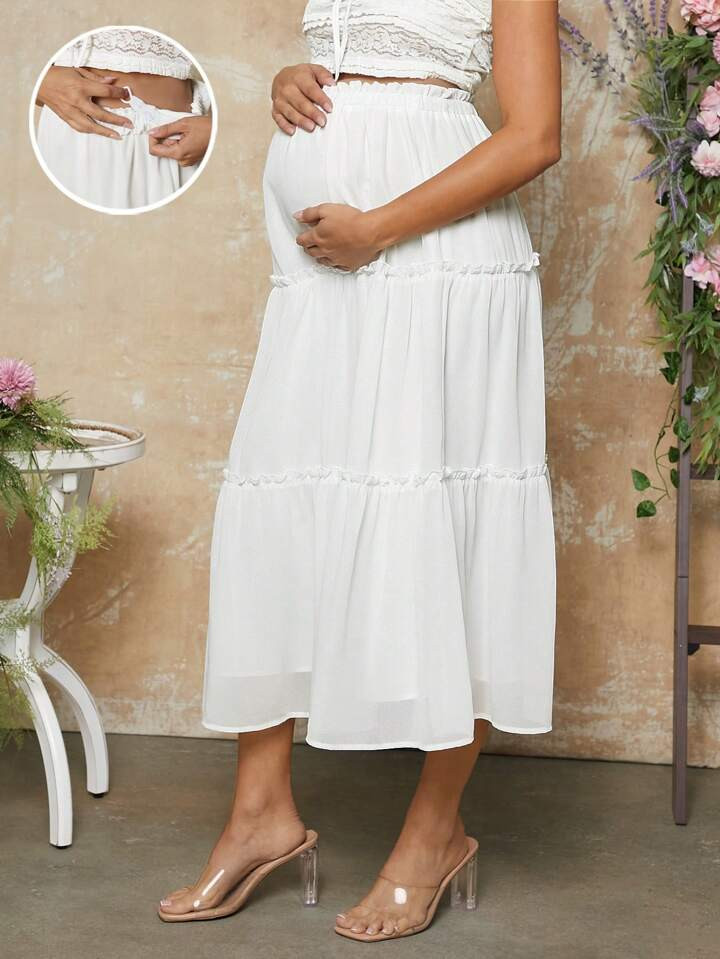 SHEIN Lace Ruffle Mesh Mini Skirt, Adjustable Waist, Suitable For Pregnant Women | SHEIN
