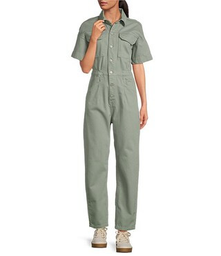 Free People Marci Point Collar Button Front Short Drop Shoulder Overall Utility Flight Suit | Dil... | Dillard's