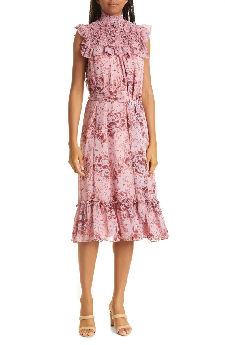 Gio Floral Print Smocked Ruffle Chiffon Midi Dress | Nordstrom
