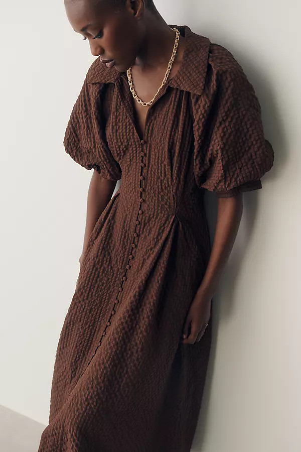 Puff-Sleeve Textured Midi Shirtdress | Anthropologie (US)