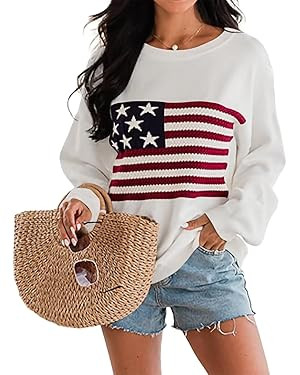 Dressmine Womens American Flag Sweater Knit Long Sleeve Crew Neck Graphic Elegant Soft Loose Pull... | Amazon (US)