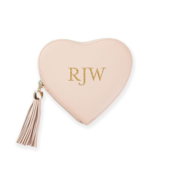 Heart Leather Tassel Zipper Pouch, Blush, Foil Debossed | Mark and Graham