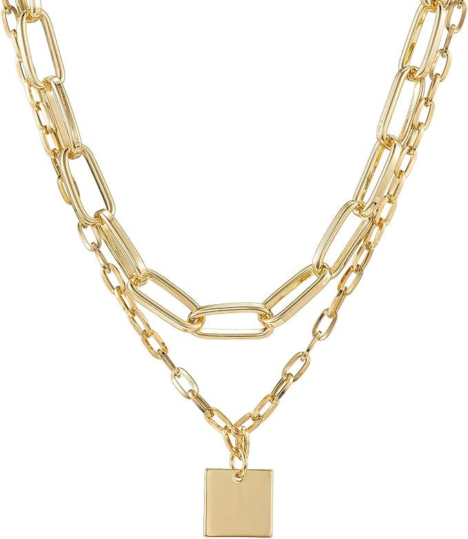 18K Gold Plated Paper Clip Double Layered Chain Necklace for Women | Amazon (US)