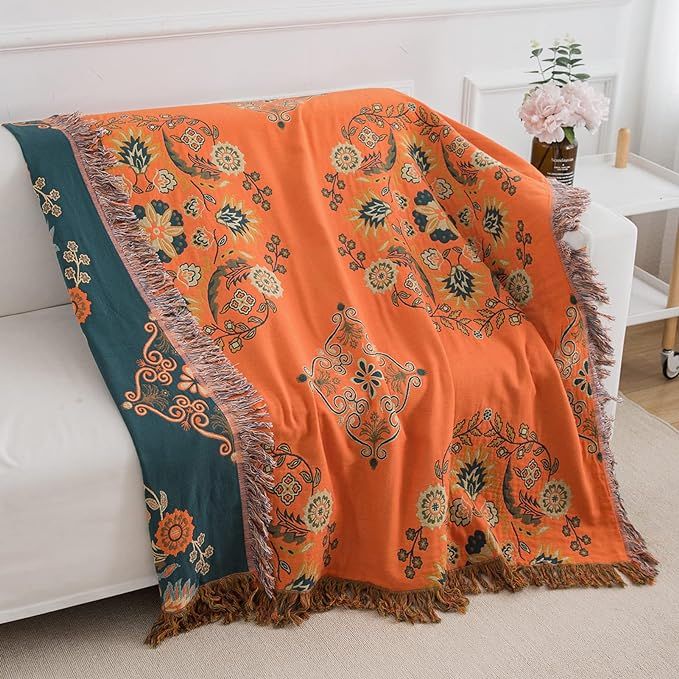 Cotton Boho Throw Blanket, Soft Orange Throw Blanket wiz Tassels, Reversible Floral Throw Blanket... | Amazon (US)
