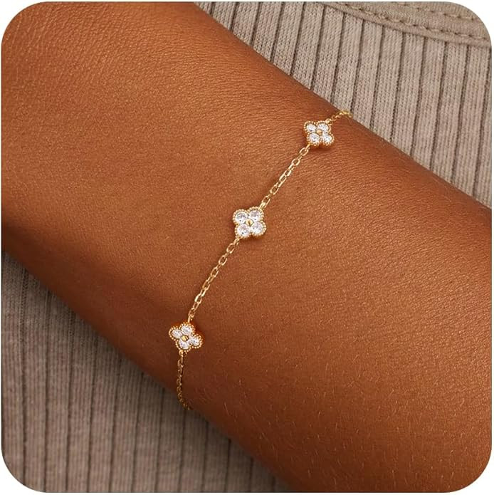 Birthstone Gold Clover Bracelet Dainty 14K Gold Plated Cute Friendship Stackable Bracelets for Wo... | Amazon (US)