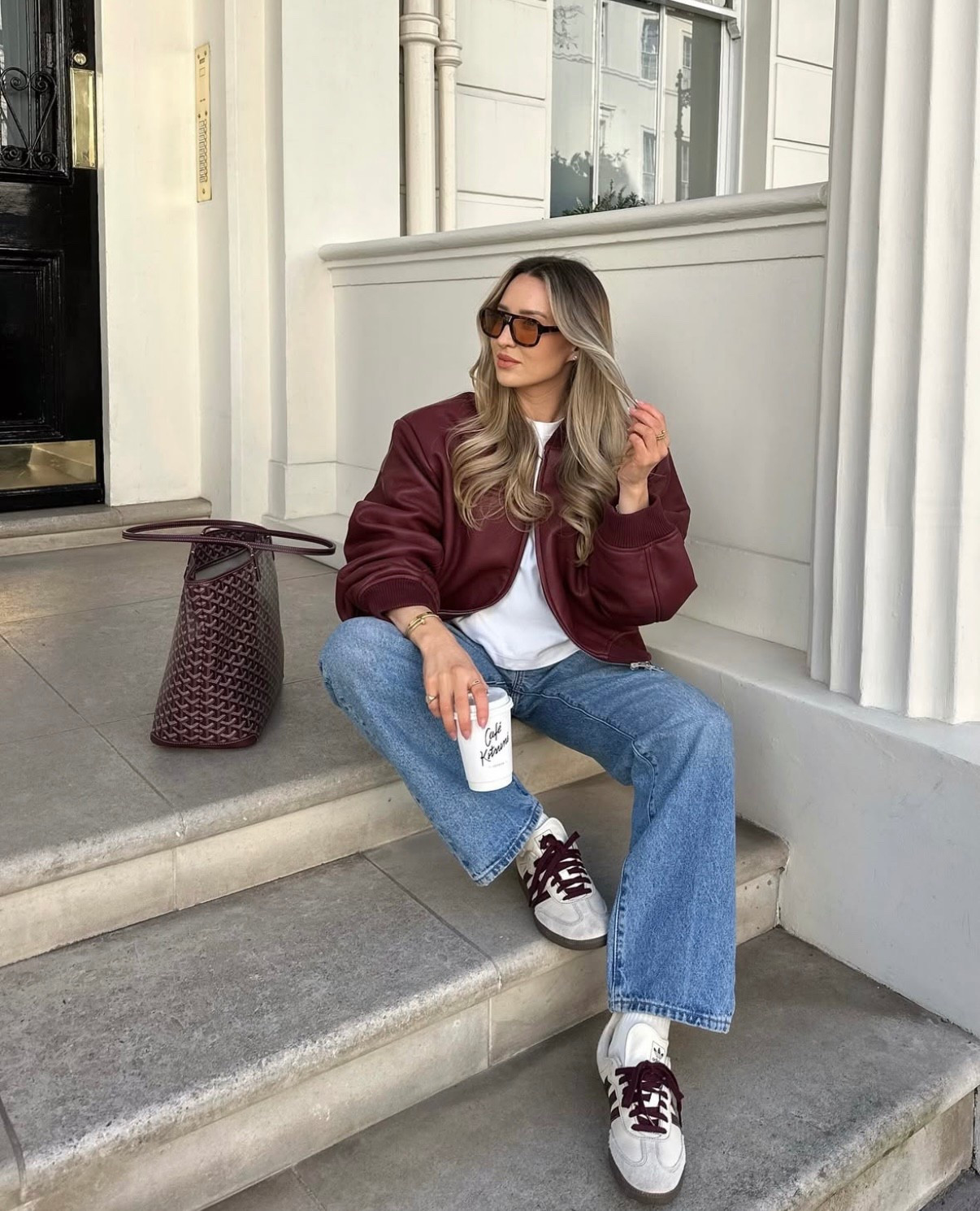 Burgundy accessories for spring ♥️ cool girl vibes with this Couture Club leather bomber jacket, jeans and a white tee, Adidas trainers and Goyard bag. Perfect casual weekend look

#LTKstyletip #LTKspring