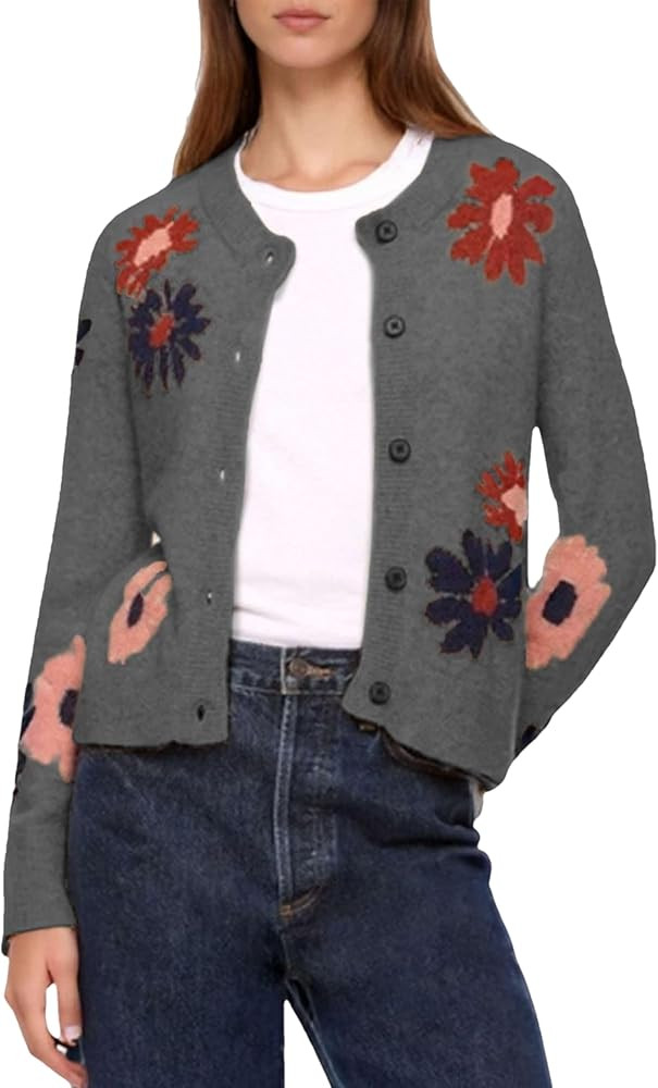 Cardigan Sweaters for Women Cropped Button Down Sweater Long Sleeve Crew Neck Knit Floral Print O... | Amazon (US)