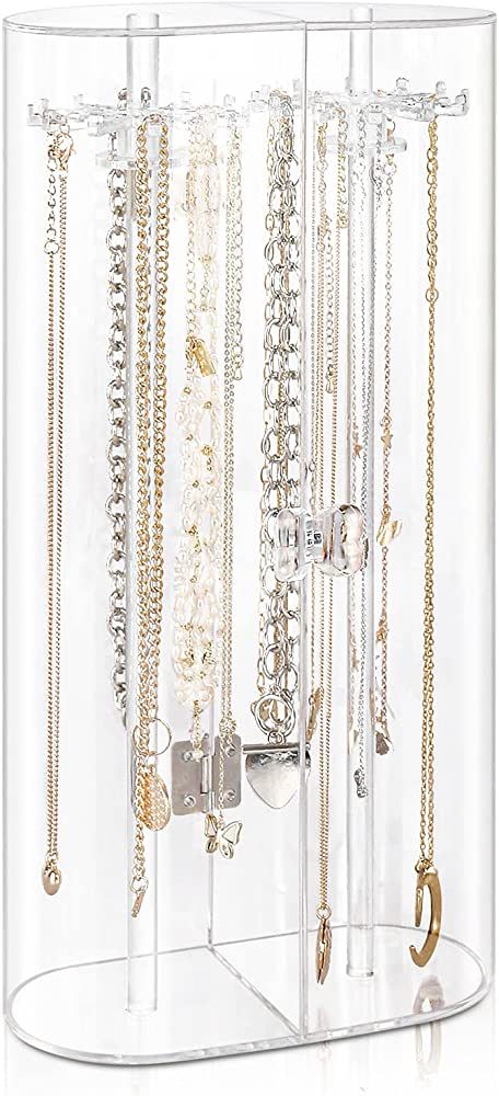 Acrylic Necklace Holder, Clear Necklace Organizer with 24 Hooks, Dustproof Rotation Jewelry Stora... | Amazon (US)