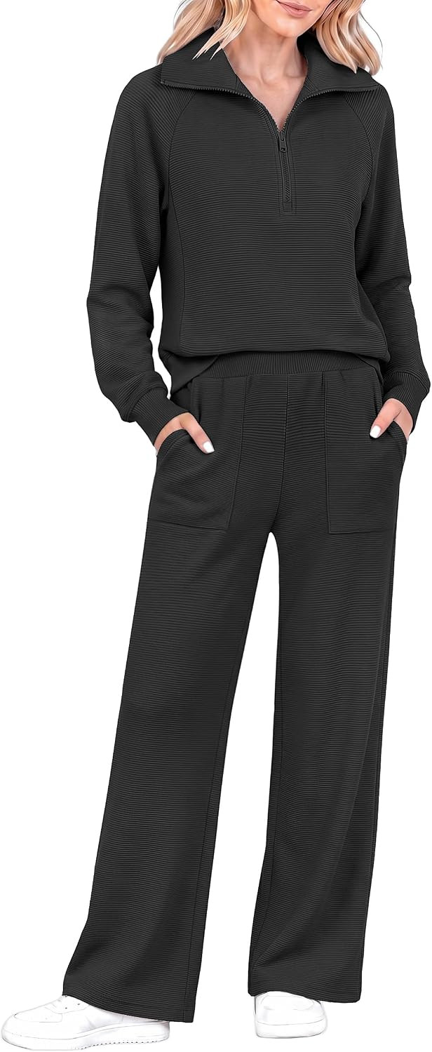 Women 2 Piece Ribbed Knit Matching Lounge Sets Half Zip Outfit | Amazon (US)