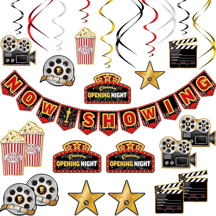 45 Pieces Movie Night Decorations Party Decorations Kit Now Showing Banner Hanging Swirls Movie T... | Amazon (US)