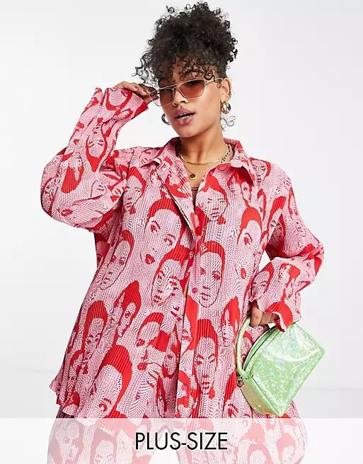 Daisy Street Plus relaxed shirt in pink retro face print plisse (part of a set) | ASOS | ASOS (Global)