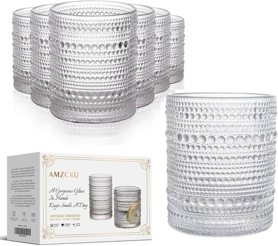 Amzcku Vintage Drinking Glass Set of 6 Kitchen Glasses Cup（13 OZ），for Water，Cocktail，Mi... | Amazon (US)