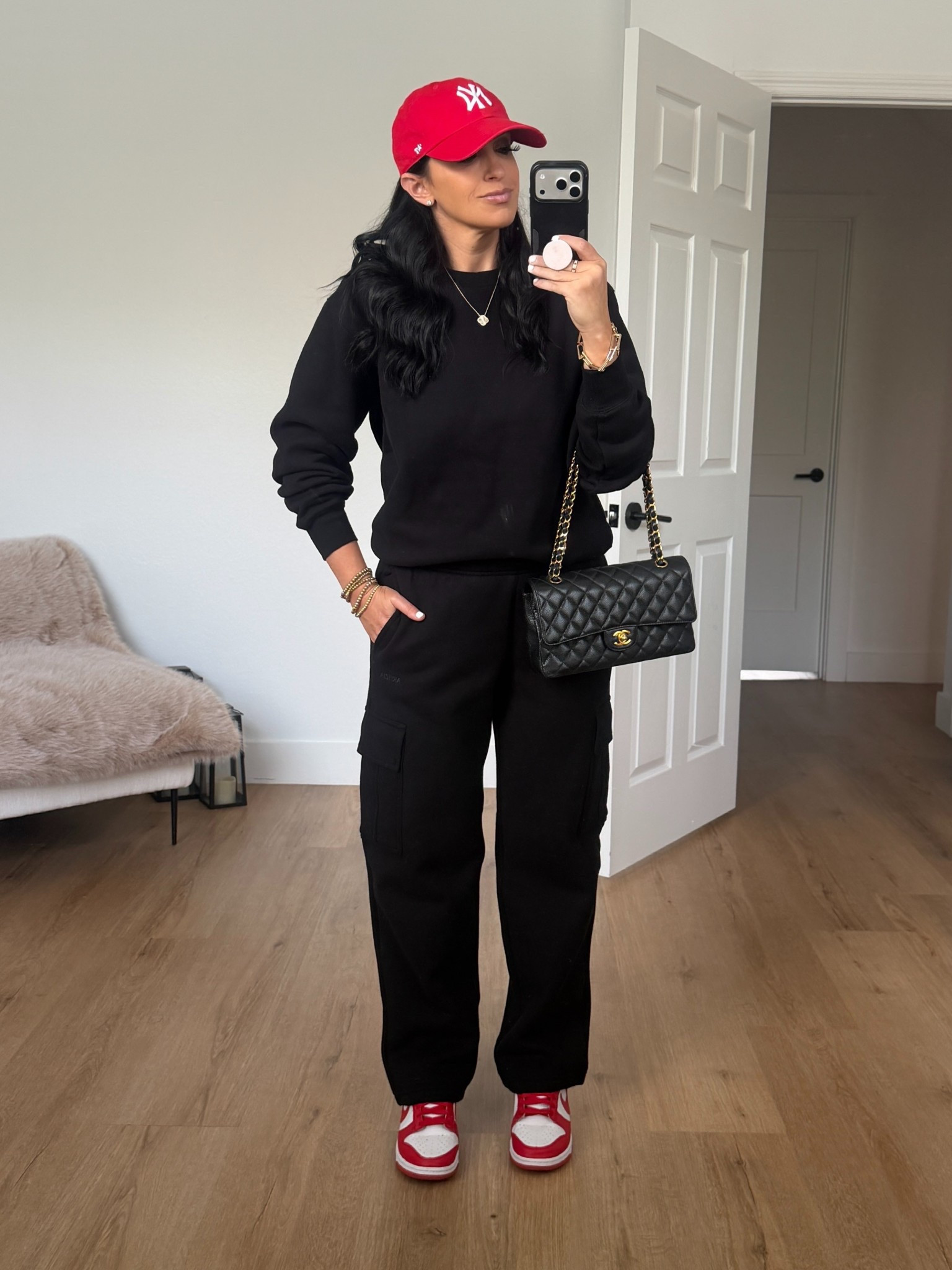 Cozy Sweatfleece Perfect Crew Sweatshirt wearing size small. Cozy Sweatfleece Mega Cargo™ Sweatpant wearing size small. 
