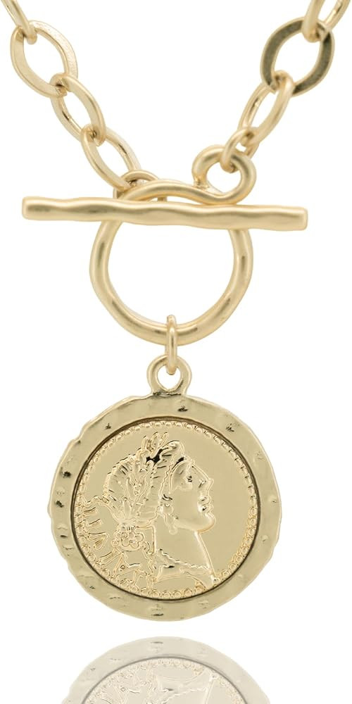 Chunky Coin Antique Gold Plated Thick Link Chain Layered Pendant Necklace for Women 18 Inch Trend... | Amazon (US)