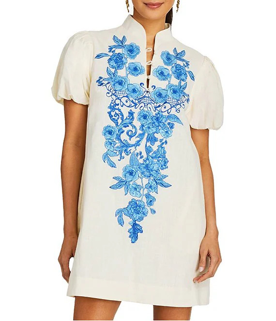 Mestiza New York Elliana Floral Embroidered Mandarin Collar Short Puff Sleeve Dress | Dillard's | Dillard's