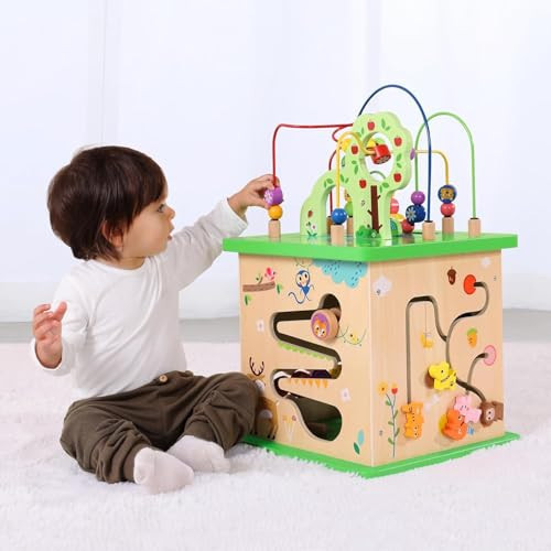 TOOKYLAND 5 in 1 Activity Center, Wooden Large Activity Play Cube 23"X13"X13", Wooden Learning Puzzle Toy for Toddlers, with Animal Friends, Shapes, Mazes, Shape Sorter | Amazon (US)