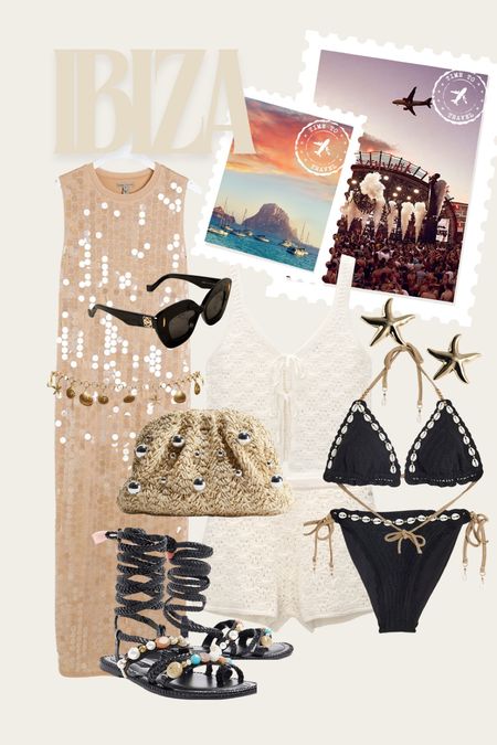 Ibiza outfit- sequin maxi dress, gold chain belt, black crochet bikini, gladiator sandals, crochet top and shorts co-ord set, Loewe sunglasses.
Holiday outfit, summer outfits, vacation style, festival, Europe outfits.

#LTKstyletip #LTKfestival #LTKeurope