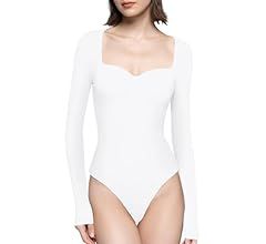 PUMIEY Women's Sweetheart Neck Long Sleeve Bodysuit Slimming Body Suit Going Out Tops Smoke Cloud Co | Amazon (US)