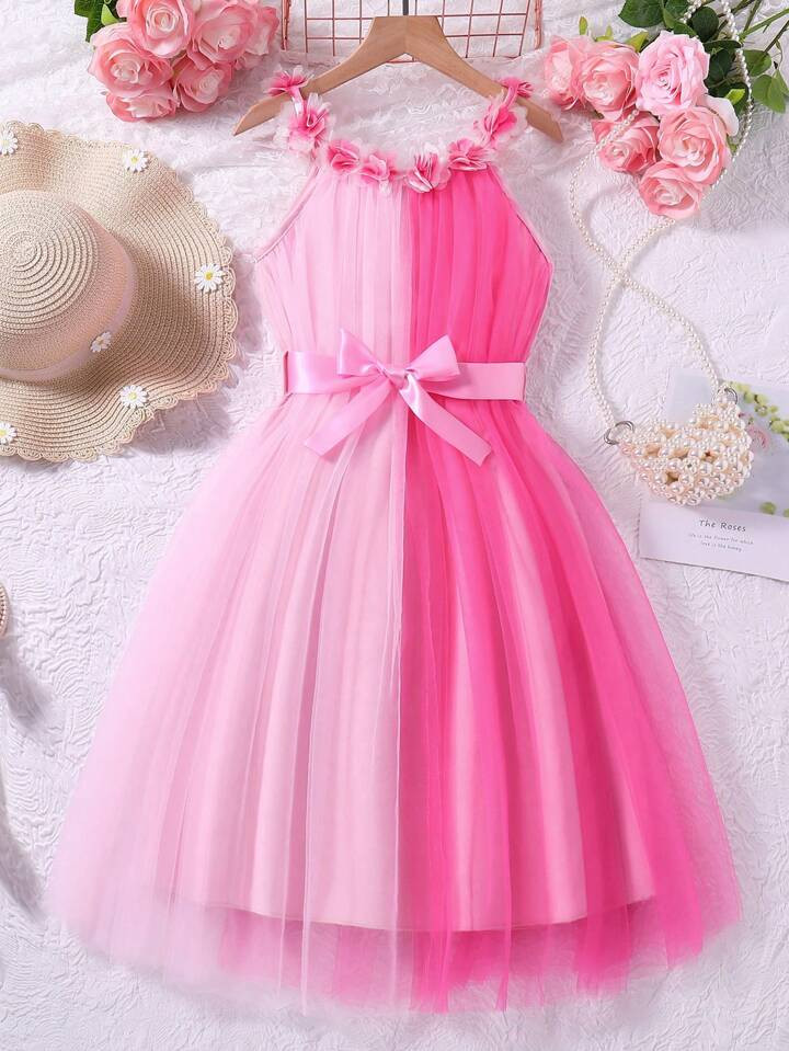 SHEIN Tween Girls' Cute Patchwork 3d Decor Flower Halter Mesh Tutu Dress With Waist Belt For Spri... | SHEIN