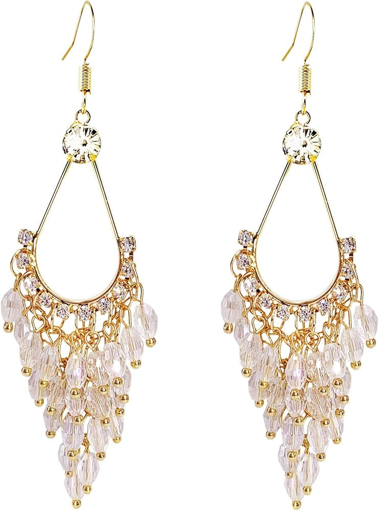 LAXPICOL Fashion Bohemian Long Earrings Clear Crystal Chandelier Fish Hook Earrings For Women Gol... | Amazon (US)