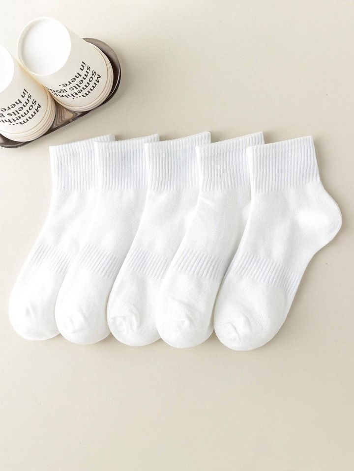 5pairs White Solid Color Socks For Women & Men, Korean Style Mid-calf Length Trendy Unisex Long S... | SHEIN