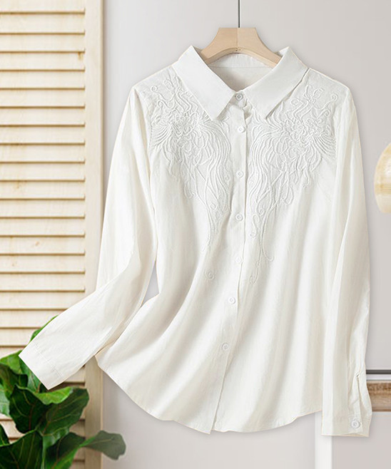 White Embroidered Button-Up - Women & Plus | Zulily