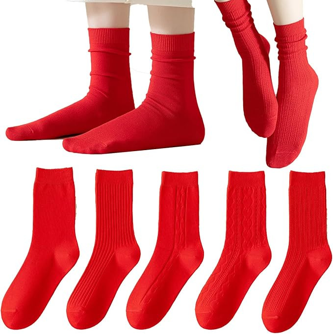 5 Pairs Christmas and New Year Red Crew Socks for Women, Christmas Socks Womens Slouch Socks | Amazon (US)