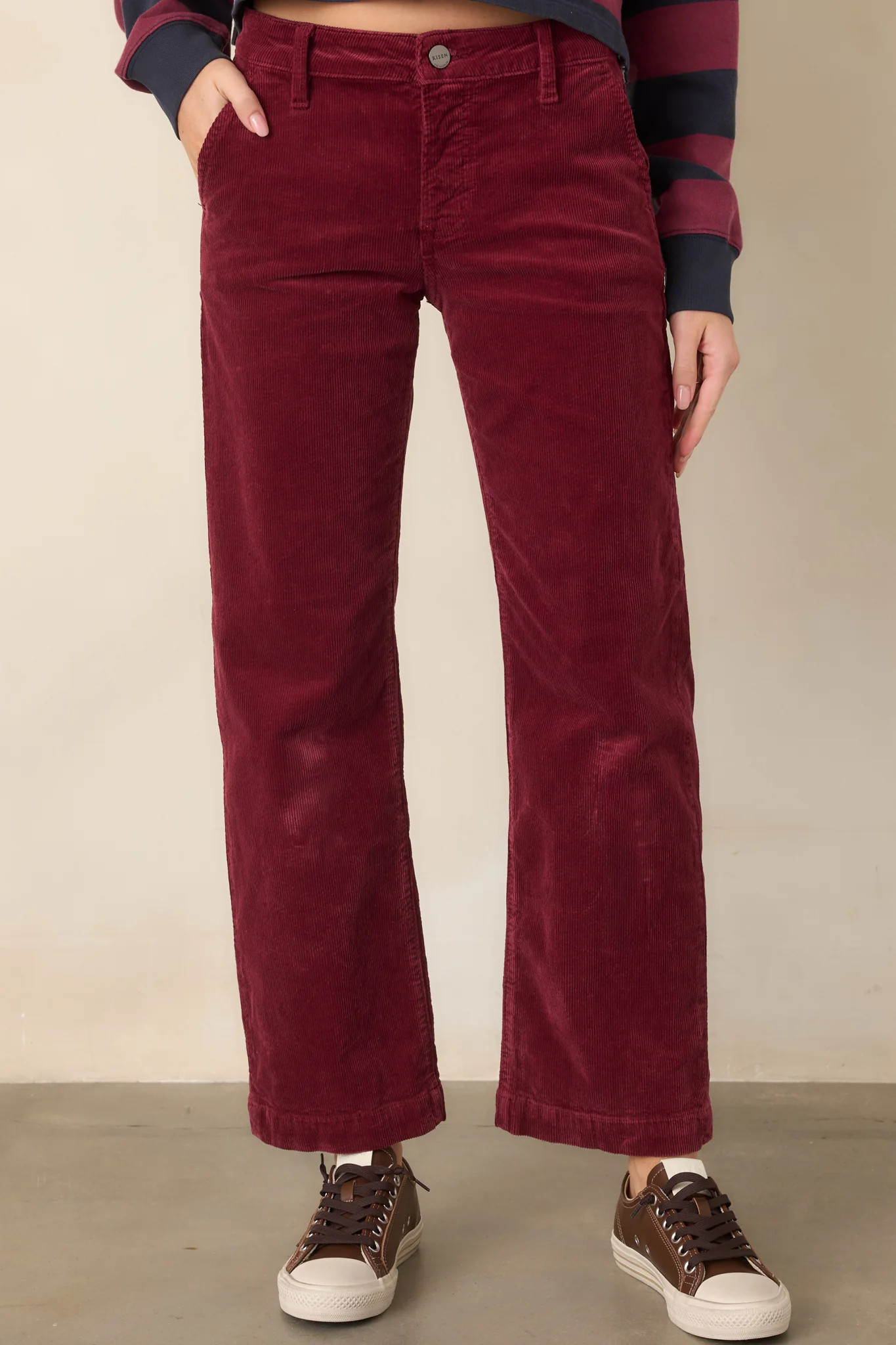 Worth Pursuing Wine Corduroy Cropped Straight Leg Pants | Red Dress
