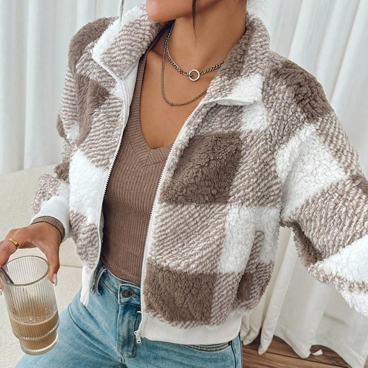 SHEIN Frenchy Women's Plaid Long Sleeve Short Plush Jacket, Fall And Winter,Women Pajama,Fall Women Jackets,Going Out Tops,Flannels Women,Business Casual Women,Plaid Jacket,Wedding Dress Guest,Winter Check | SHEIN