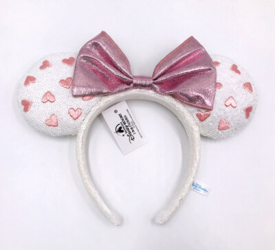 Pink Bow Disney Parks Minnie Ears White Heart Sequin Shanghai Headband  | eBay | eBay US