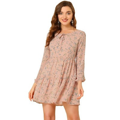 Allegra K Women's Floral Dress Tie Neck Long Sleeve Empire Wasit Tiered Dress Pink X-Small | Target