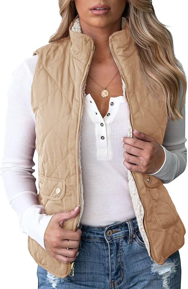 Valphsio Women's Reversible Sherpa Vest Quilted Zip Fleece Padded Gilet with Pockets | Amazon (US)