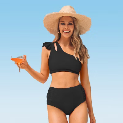 Women's Black One-shoulder High Waisted Bikini Sets Swimsuit - Cupshe | Target