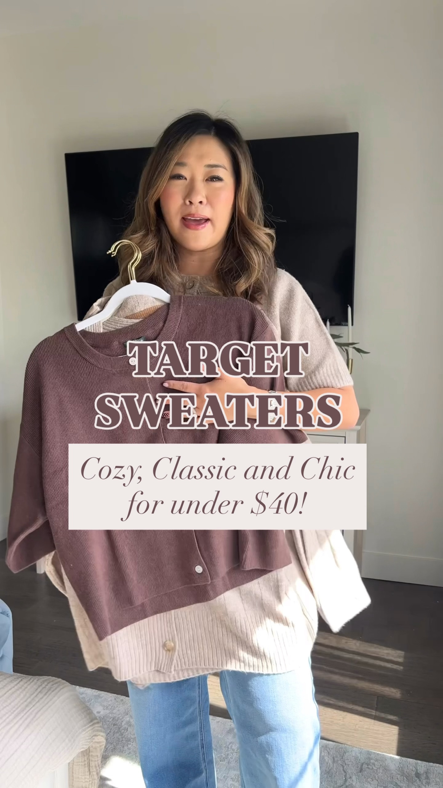 Target Sweaters for Fall 
First 2 Cardigans: Large
Striped Top: Medium
Mock neck Sweater: Medium 
Jeans: 8 