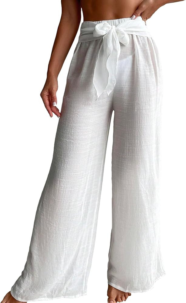 Women's Cover Up Beach Pants Tie Front Mesh Wide Leg Loose Bathing Suit Beach Cover Up Pants | Amazon (US)
