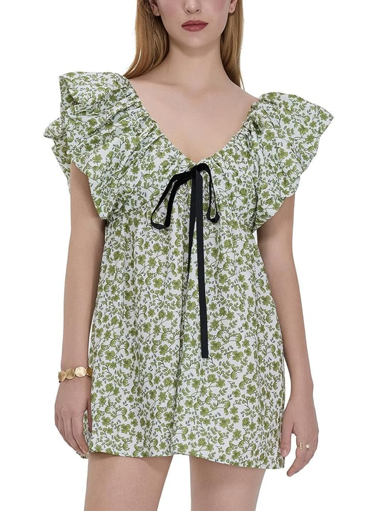 Sastianaen Women Y2k Floral Print Mini Dress Boho V Neck Puff Sleeve Short Dress Bow Tie Flowy Dr... | Amazon (US)