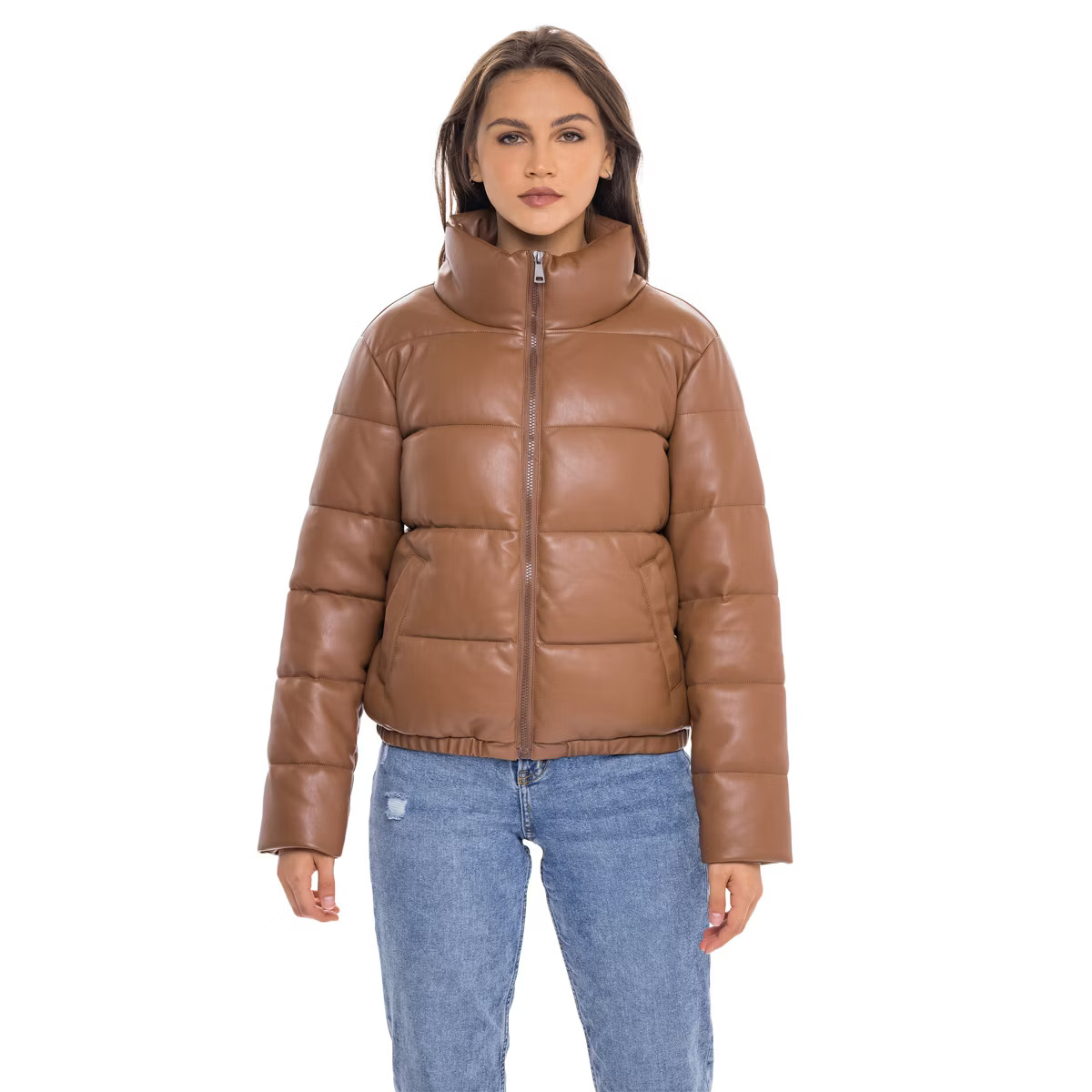 Women's Faux Leather Puffer Jacket, Puffy Coat - S.E.B. By SEBBY Toffee Small | Target