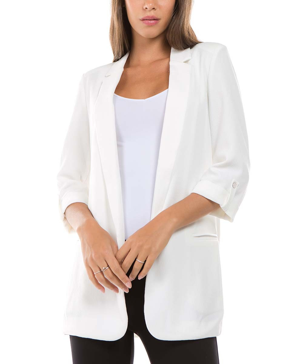 26 international Women's Blazers OFF - White Roll-Tab Sleeve Longline Blazer - Women | Zulily